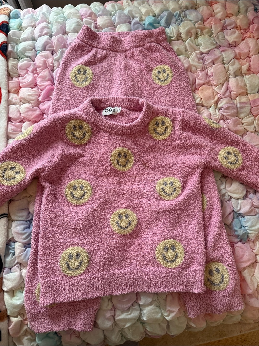 Lola + The Boys Pink Smiley Face Knit Sweater and Skirt Set